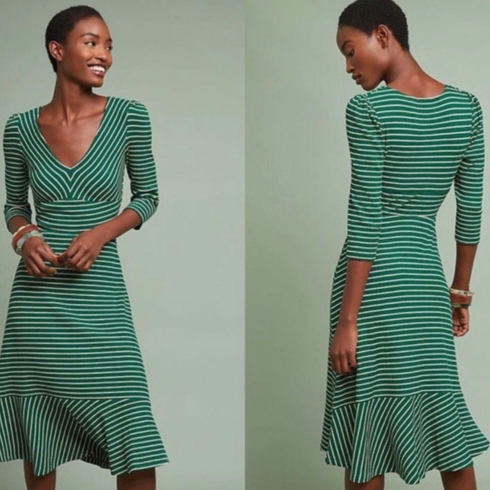 Maeve Anthropologie Flores Striped Rib Knit Fit & Flare Midi Dress Green S